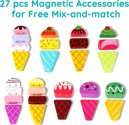 Camión De Helado De Madera, 28 Piezas De Juguete Magnético P