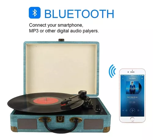  Tocadiscos de vinilo Bluetooth vintage de 3 velocidades  portátil de maleta con altavoces integrados, reproductor LP accionado por  correa, compatible con grabación USB, entrada AUX, salida RCA, conector  para auriculares, color