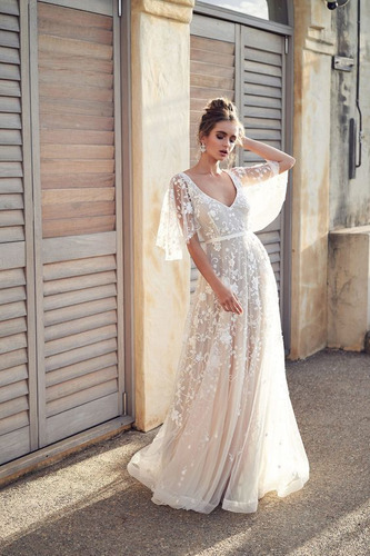 Vestido De Encaje Con Cuello En V, Estilo Floral Elegante