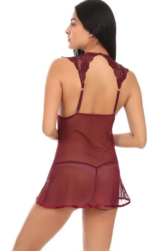 Lenceria Sexy Baby Doll Vestido Mesh Y Encaje Vino Tanga 893