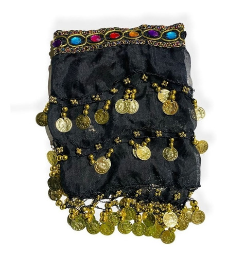 Kit Dança Do Ventre Cigana Tiara E Lenço De Moedas Com Pedra Cor Preto