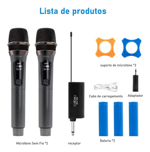 Kit 2 Microfone Sem Fio Profissional Uhf Led Com Receptor Ec