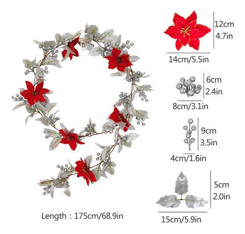 Guirnalda Navideña Plateada Con Flores 175 Cm 130 G