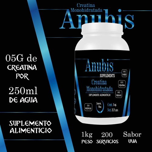 Creatina Monohidratada Anubis 1kg Varios Sabores 200 Servs Uva
