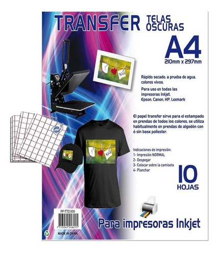 Papel Transfer A4 Premium 10 Hojas Estampado De Polos Oscuro