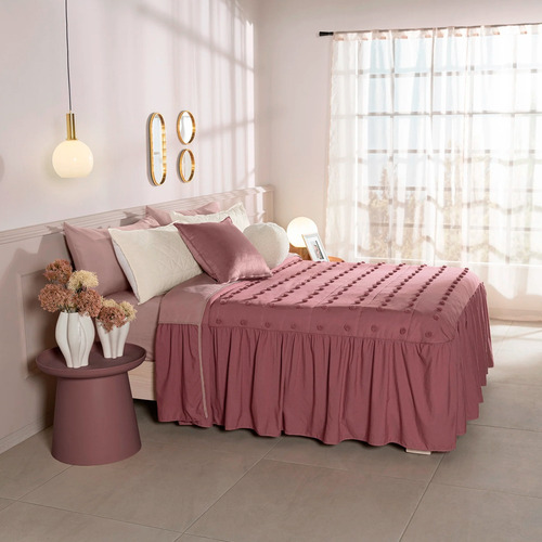 Colcha Padua Con Pompones 2 Vistas Matrimonial Vianney Color Rosa Pálido