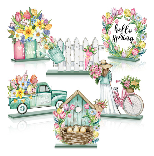 6 Pieza Decoracion Mesa Madera Texto Ingl «hello Spring»