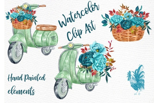 Kit Imágenes Digitales Flores Moto Vespa Aqua Watercolor Tea