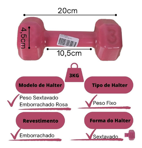 Kit Colchonete Rosa+caneleira 3kg + Par Halter Sextavado 3kg Cor Rosa