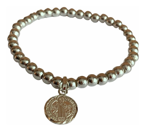 Pulsera Esferas Y Medalla San Benito Plata Ley .925