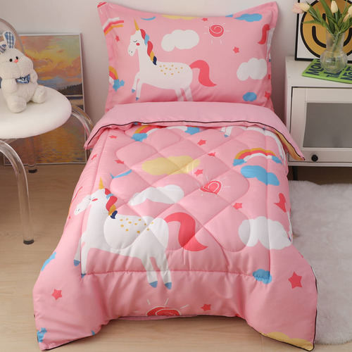 Juego De Ropa De Cama De Unicornio Rosa Para Ninas De 4 Piez