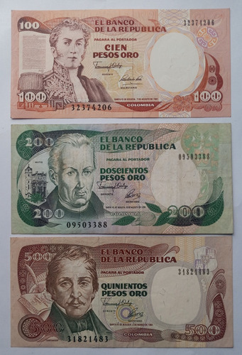 Tres Billetes De Colombia De 100, 200 Y 500 Pesos Oro.