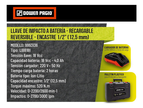 Imagen 9 de 12 de Llave Impacto Bateria Brushless 18v Dowen Pagio 9993136