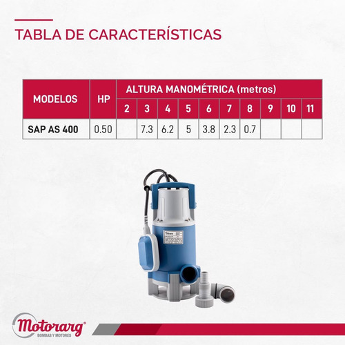 Imagen 6 de 12 de Bomba Desagote Motorarg Sapas 0.5hp Agua Sucia 400 Watts
