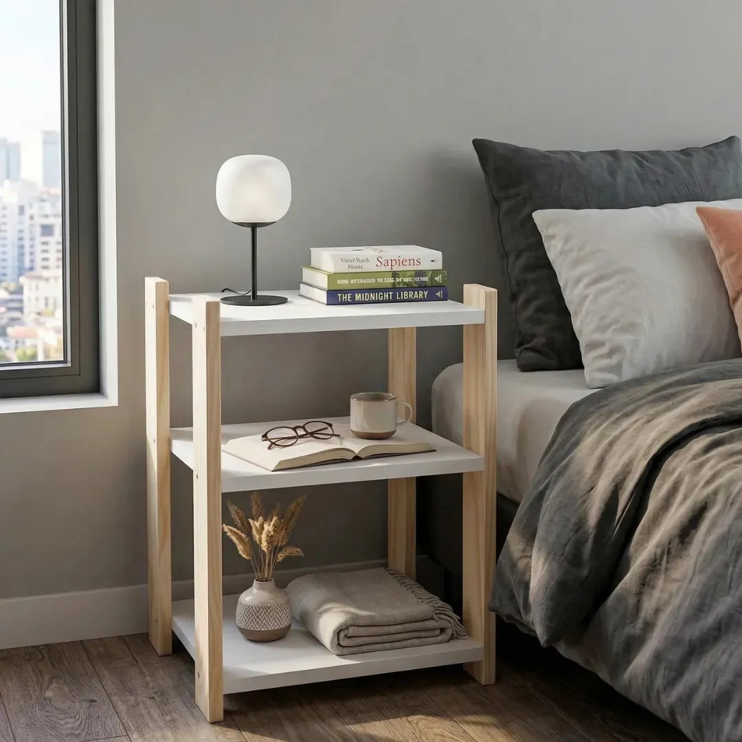 Mesa de luz Shopfer 3 Estantes de Melamina y Madera - 50cm x 38cm x 34cm - blanco mate x 1