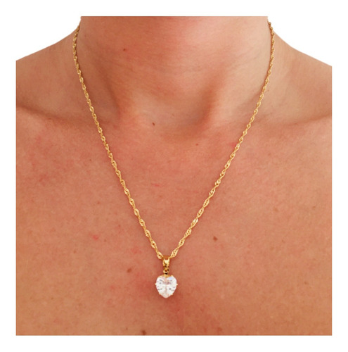 Corrente Com Pingente Coração Ponto De Luz Ouro 18k Banhado Cor Dourado