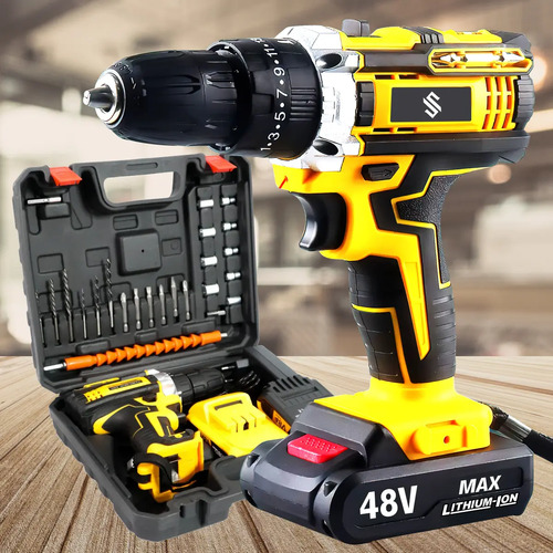 Parafusadeira Furadeira C/ 2 Baterias Maleta Kit Completo Led Eixo Flexível Vários Níveis Torque