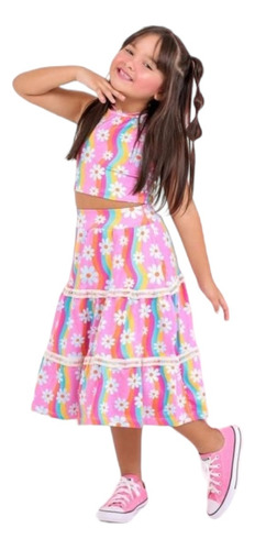 Conjunto Infantil Menina Verão Saia Midi Croped Blogueirinha