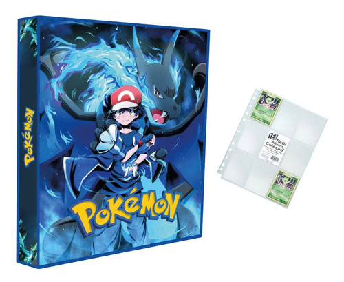 Álbum Pasta Fichário Pokemon + 10 Folhas Ash Mega Charizard