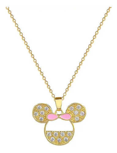 Collar Dije Minnie Mouse Moño Rosa Zirconias Baño De Oro 18k