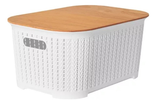 Caja Cajon Organizador Con Tapa De Madera Símil Rattan Color Blanco P214