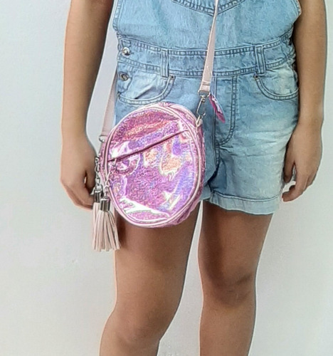 Cartera Morral Redondo Rosa Glitter Pompones Con Cierre 