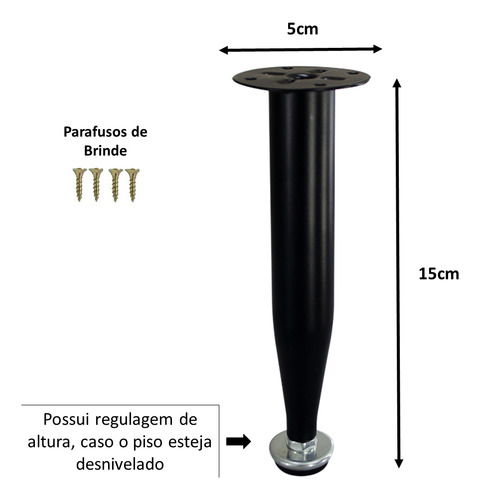 Kit 6 Pé Cônico Pernas Para Cama Sofá Com Regulagem Aço 15cm Cor Preto