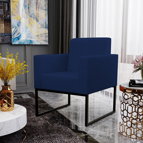 Kit 02 Poltronas Decorativas Sala Recepção Base Fixa Metal Helô L02 Suede Azul Marinho