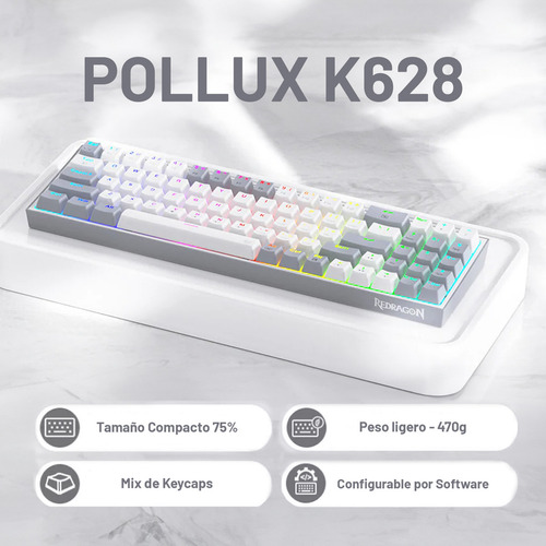 Teclado Gamer Redragon Pollux K628 Blanco/gris Alámbrico Idioma Inglés US