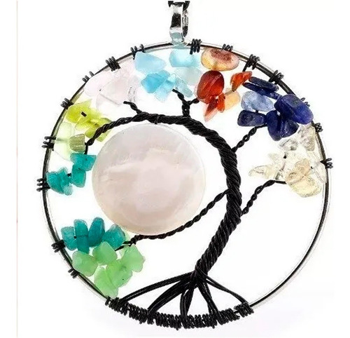 Collar Dije Árbol De La Vida Chakras Hecho A Mano Con Cuarzo Color Naranja