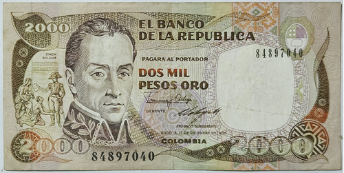 Billete 2000 Pesos 17/dic/1986 Colombia Vf Ibb
