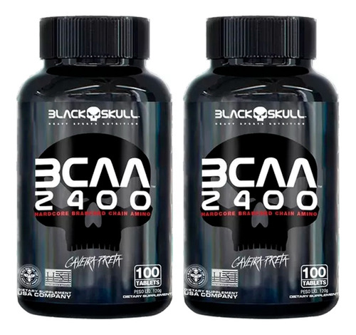 2x Bcaa 2400 Black Skul - 100 Tabs - Ganho De Massa Muscular Sabor Sem Sabor