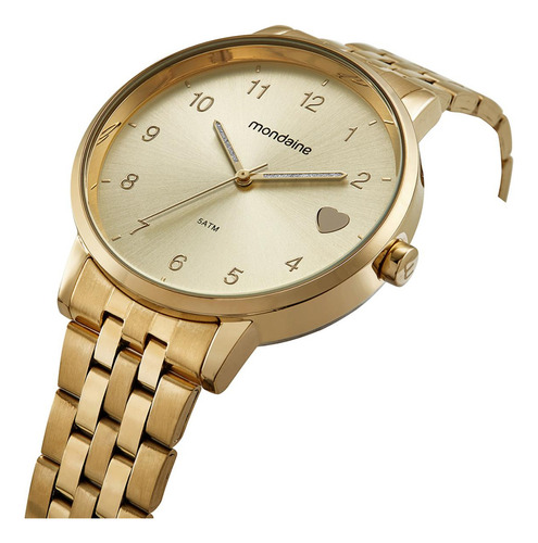 Kit Relogio Feminino Mondaine Dourado Colar Brincos Original 32597lpmkde1k1 Coração