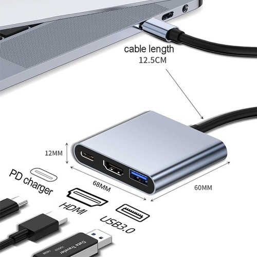 Adaptador Tipo C A Hdmi 4k Convertidor Hub Usb 3.0 3 En 1