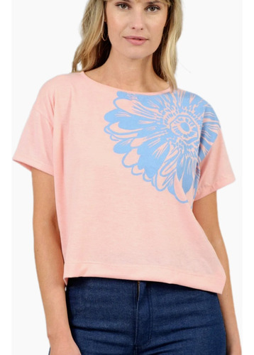 Remera Manga Corta Pupera Ancha Mujer Rosa Con Estampa Flor 