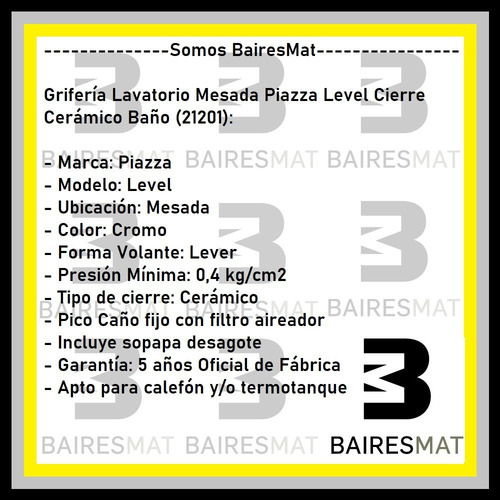 Canilla Griferia Mesada Baño Lavatorio Piazza Level 21201
