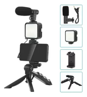 Kit Video Streaming Microfono Para Celular Tripode Luz Led Color Negro