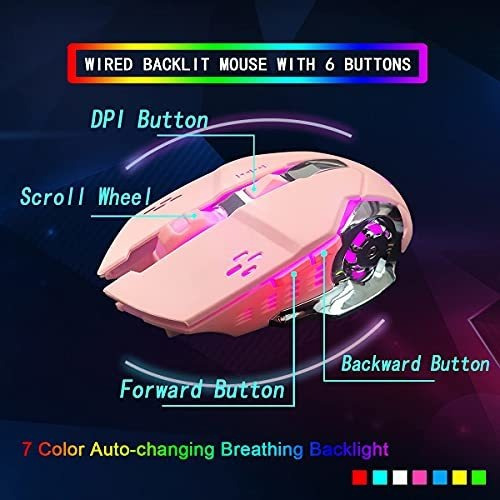Combo Teclado Raton Para Juego Color Rosa Luz Led Cable