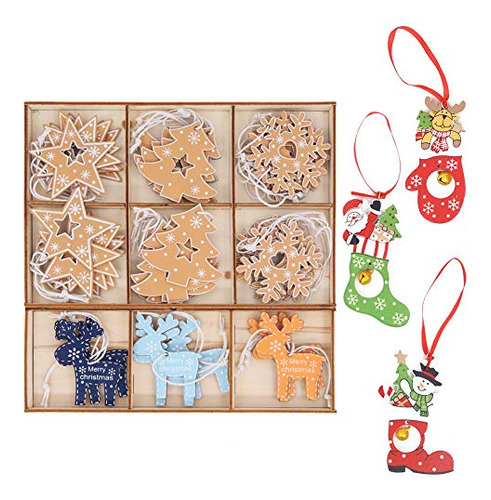 48 Pcs Colorful Wooden Christmas Hanging Ornaments Chri...
