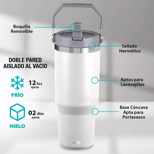 Magma Life Termo de Acero Inoxidable Premium de 890 ml (30 oz) Mantiene Bebidas Calientes o Frías, Duradero, A Prueba de Fugas, Ideal para Viajes, Oficina y Llevar en el Auto (Blanco)
