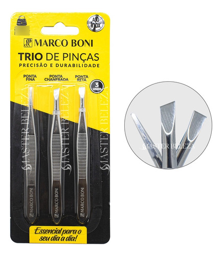 Kit Com 3 Pinças Essenciais Inox Profissionais Marco Boni 