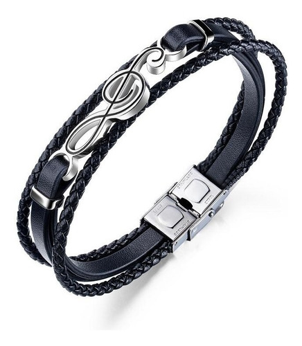 Elegante Pulsera Tejida Cuero Acero Inox Nota Musical M208