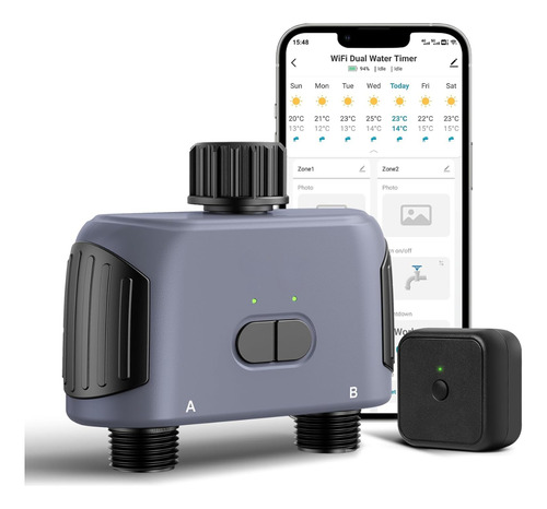 Programador De Riego + Hub Wifi 2 Zonas Control App Y Clima Gris Oscuro