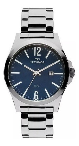 Relógio Technos Masculino Prata Azul Original Com Calendário