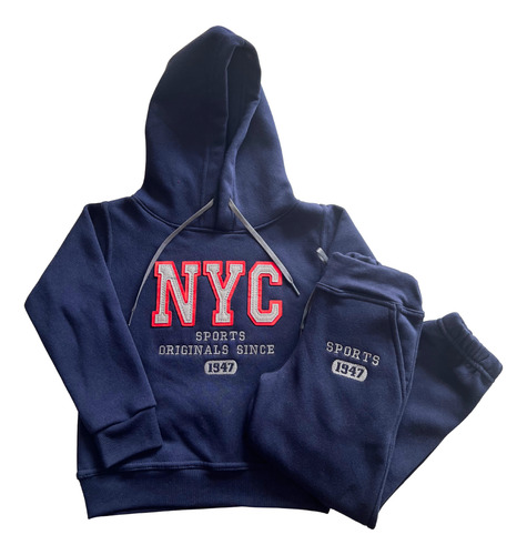 Conjunto Deportivo Iy Pants Cerrado Nyc Algodon Niño Azul Marino Bordado 2