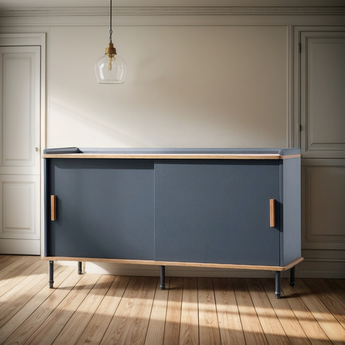 Aparador Estilo Nórdico Puertas Correderas Madera Y Hierro Gris Oscuro