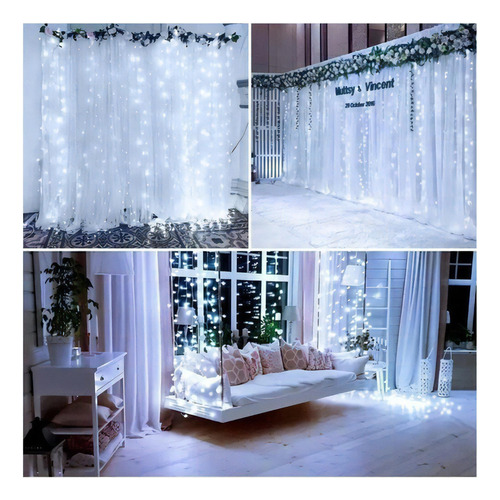 Luces LED Cortina 900 LED, 4 x 3 pulgadas, decoración de fiestas de Navidad, bodas, color blanco, 110 V