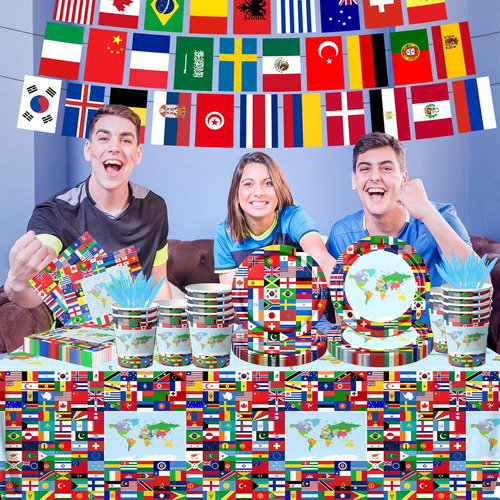 Juego De Mesa Con Banderas Del Mundo, 142 Piezas, Platos Y M