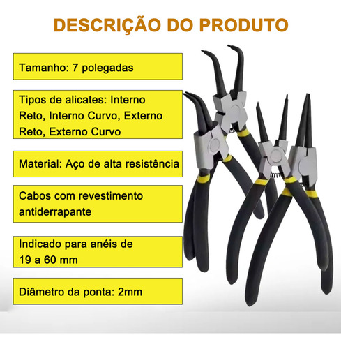 Kit 4 Alicates Para Anéis 7 Pol. Interno Externo Reto Curvo