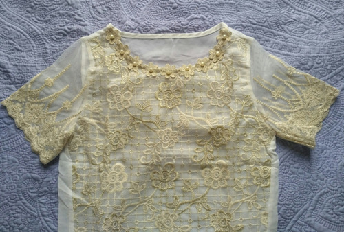 Imagen 5 de 5 de Blusa De Gasa Con Encaje Dorado Tallas S Y M Importada Stock